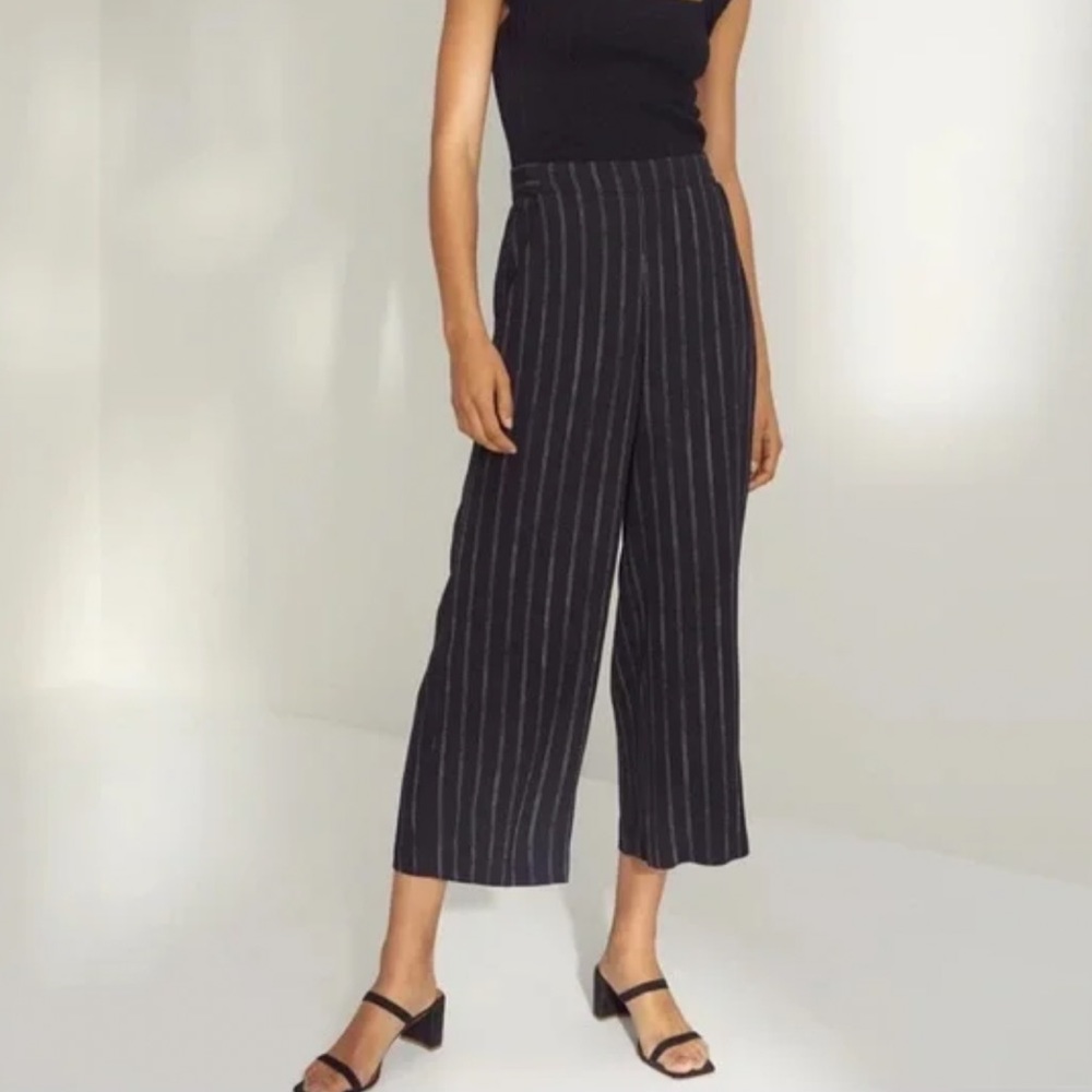 Wilfred Aritzia Faun Pant in Kinetic/Oak navy blue striped wide leg
